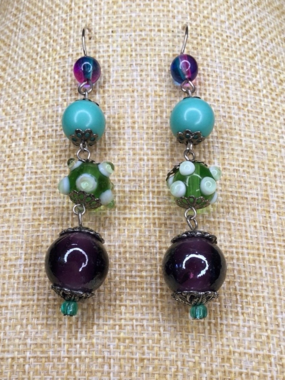 Vintage Artisan Lampwork Glass Dangle Earrings – Multicolor Boho Statement Pair - Picture 4 of 11